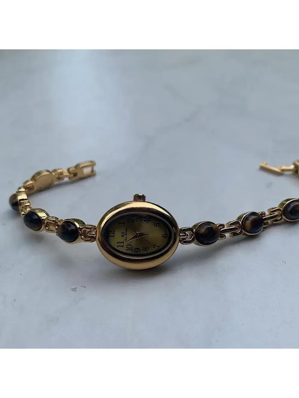 Boho Indie Gold style tone quartz watch with glass brown jade stone opal